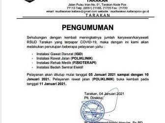 100 Lebih Karyawan Terkonfirmasi Covid-19, RSUD Tarakan Tutup Lagi Pelayanan Kesehatan hingga 10 Januari