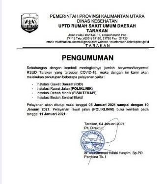 100 Lebih Karyawan Terkonfirmasi Covid-19, RSUD Tarakan Tutup Lagi Pelayanan Kesehatan hingga 10 Januari