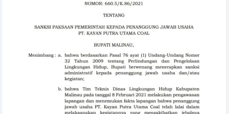 Pemkab Malinau Beri Saksi kepada PT. KPUC